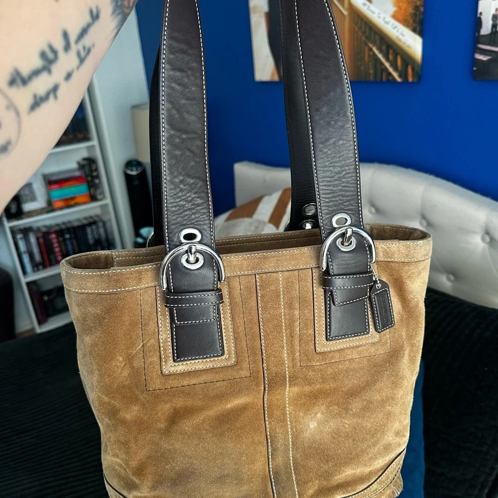 Coach Tan and Brown Suede Tote Bag